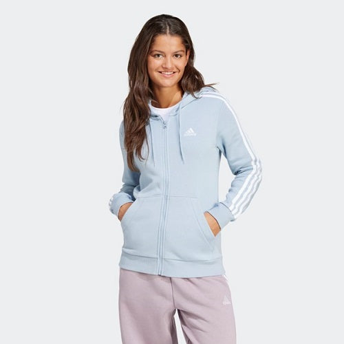 Adidas Womens 3 Stripes Fleece Hooded Jacket Wonder Blue