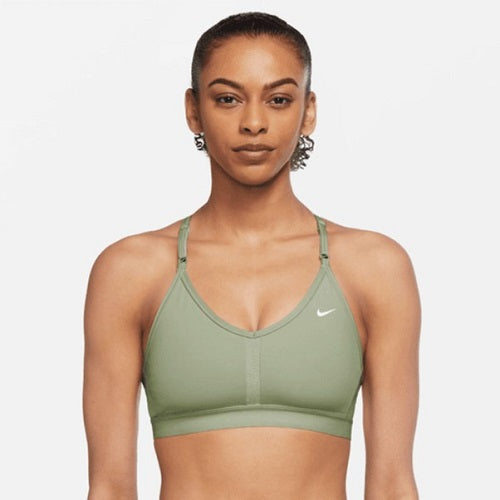 Nike Womens Dri-FIT Indy Bra V-Neck Bra Oil Green/White