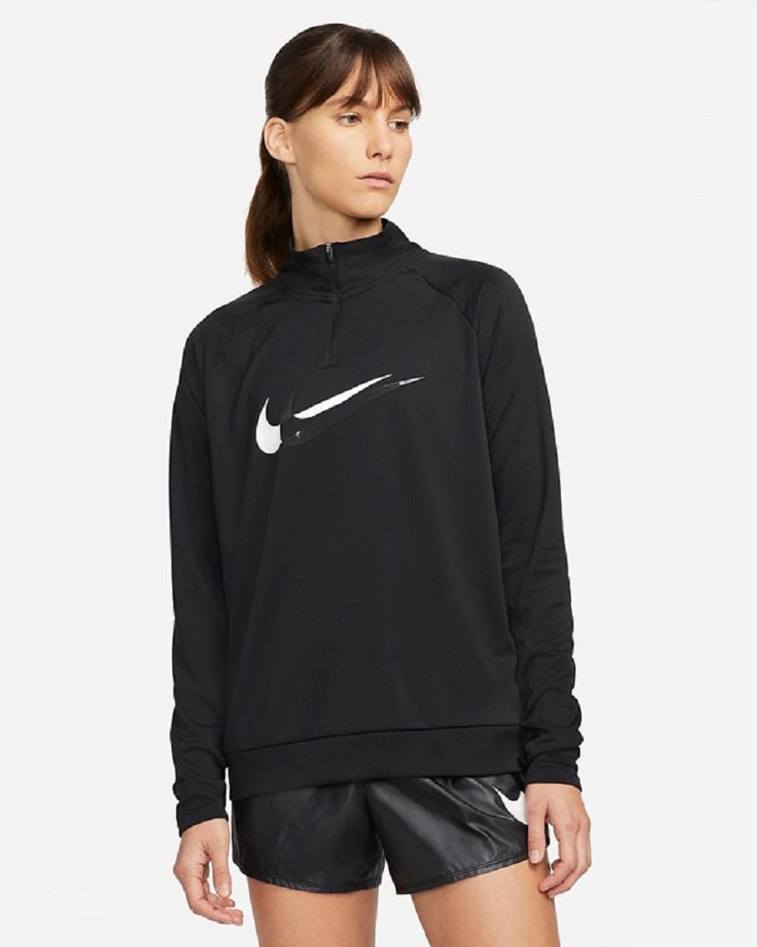 Nike Womens Dri-FIT Swoosh Run 1/4 Zip Long Sleeve Top Black/Off-Noir/White