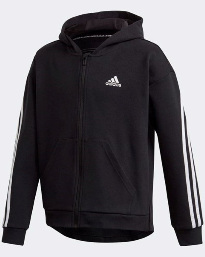 Adidas Kids Girls 3 Stripes Hooded Jacket Black/White