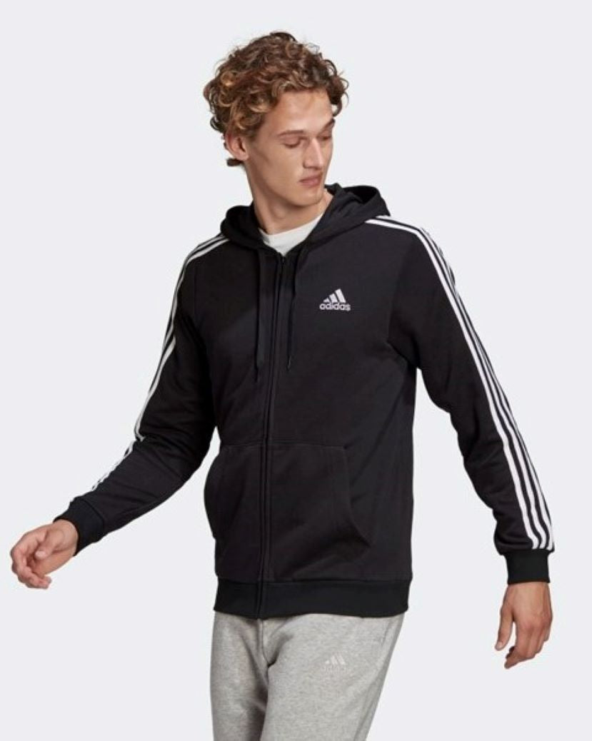 Adidas Mens 3 Stripes French Terry Hooded Jacket Black/White