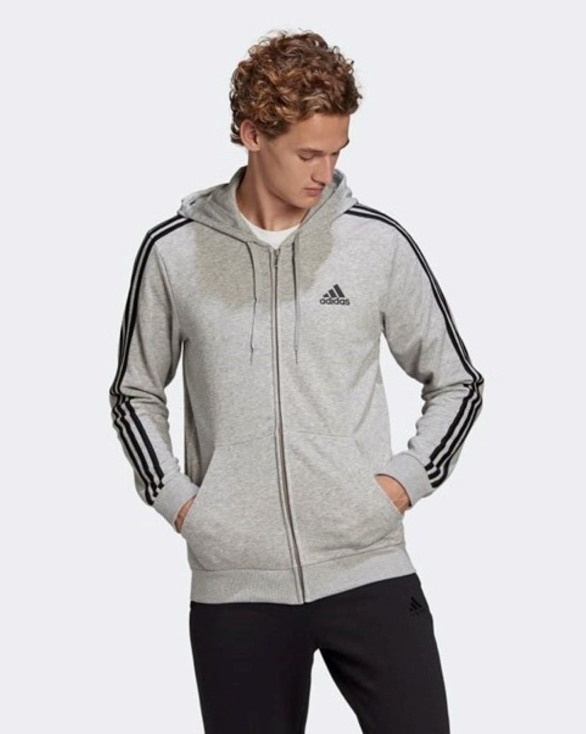 Adidas Mens 3 Stripes French Terry Hooded Jacket Grey Heather/Black