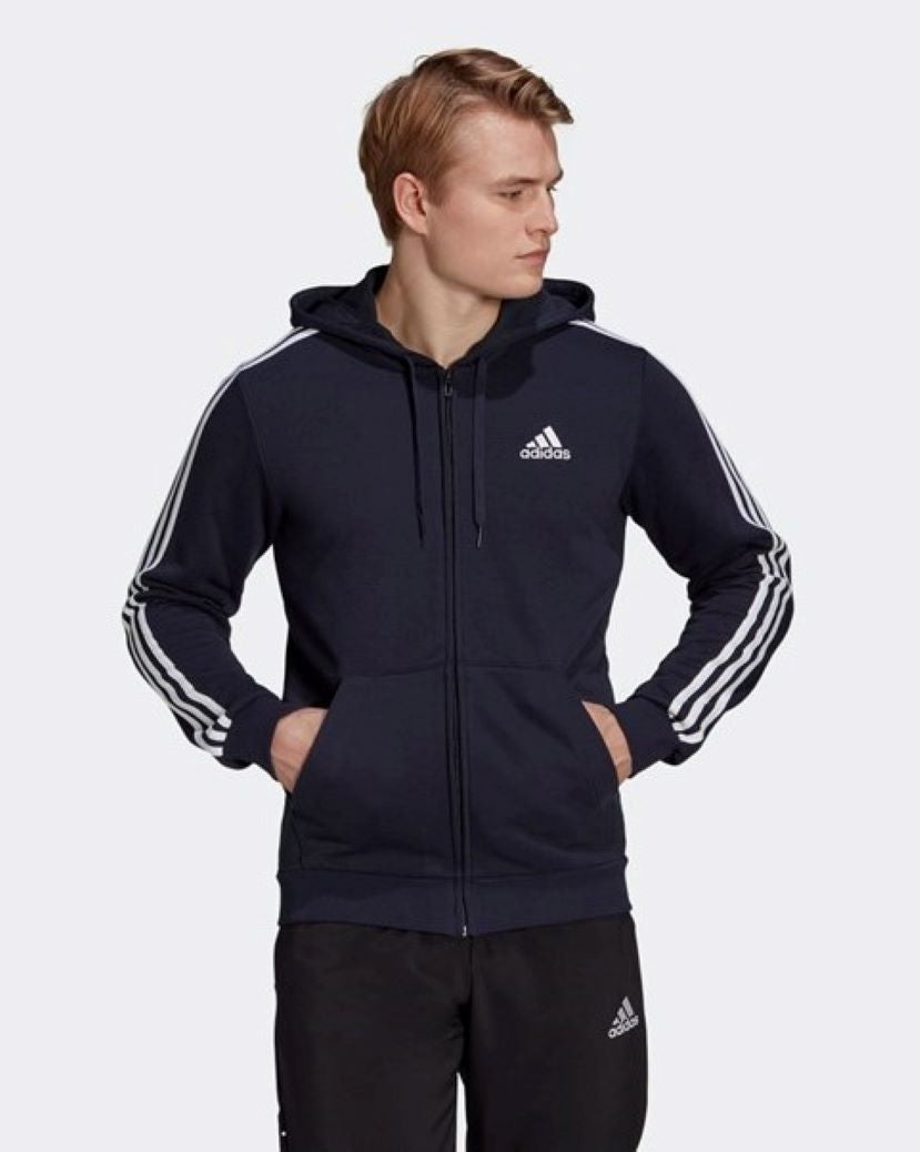 Adidas Mens 3 Stripes French Terry Hooded Jacket Legend Ink/White