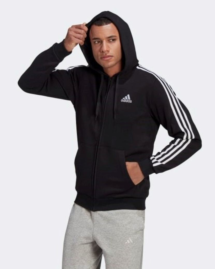 Adidas Mens 3 Stripes Fleece Hooded Jacket Black/White