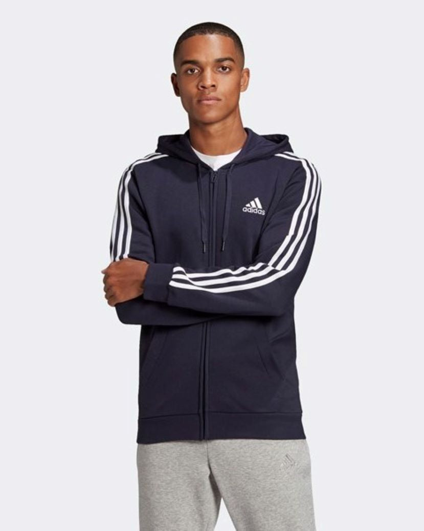 Adidas Mens 3 Stripes Fleece Hooded Jacket Legend Ink/White