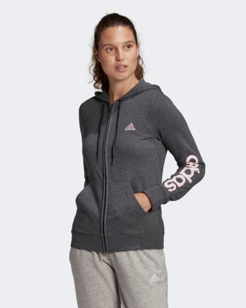 Adidas Womens Logo Hooded Jacket Dk Grey Heather/Clr Pink