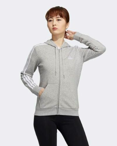 Adidas Womens 3 Stripes Fleece Hooded Jacket Medium Grey Heather/White