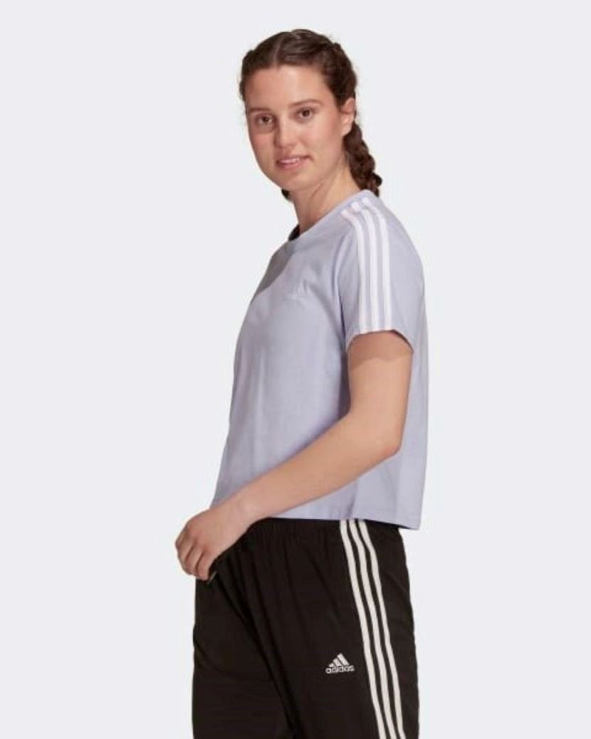Adidas Womens 3 Stripes Loose Cropped Tee Violet Tone/White