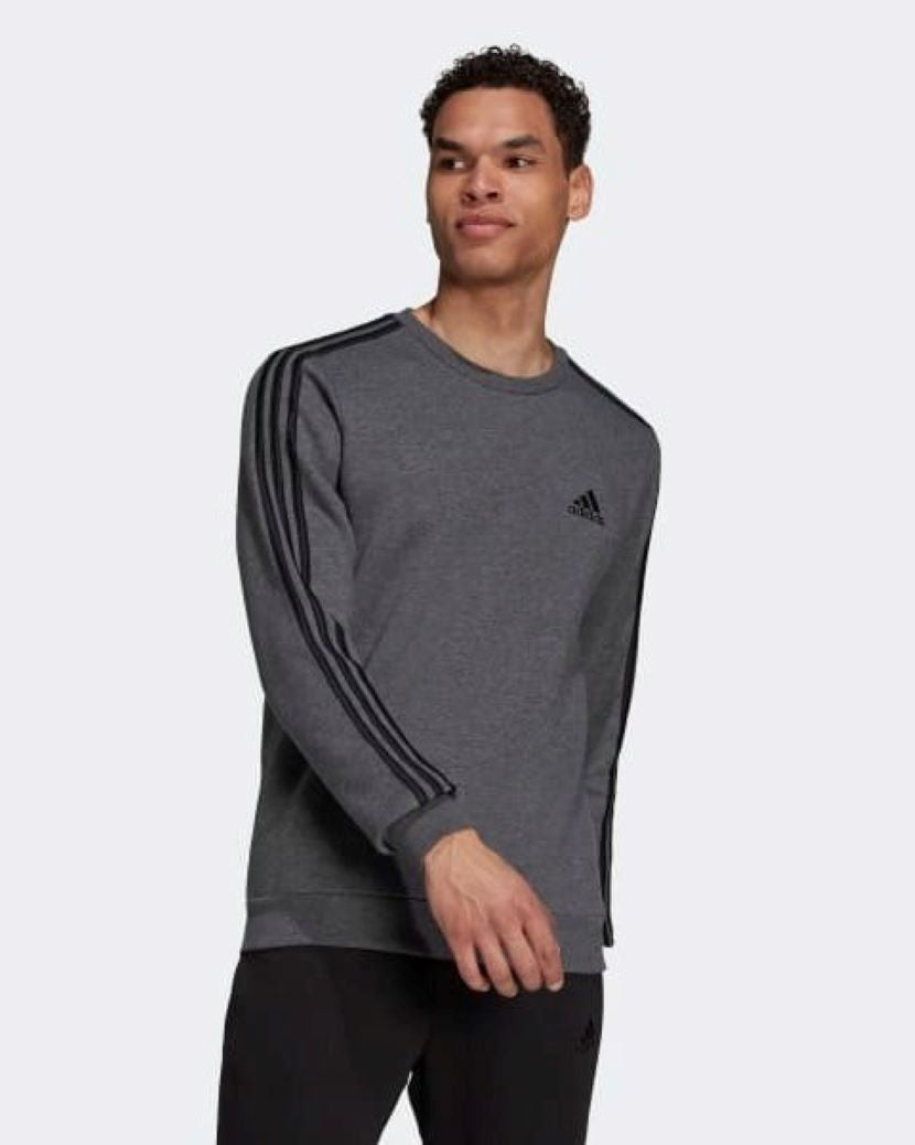 Adidas Mens 3 Stripes Fleece Crew Sweat Dark Grey Heather/Black
