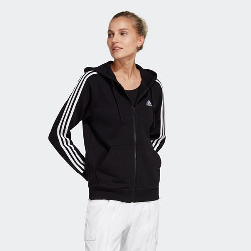 Adidas Womens 3 Stripes French Terry Hooded Jacket Black/White